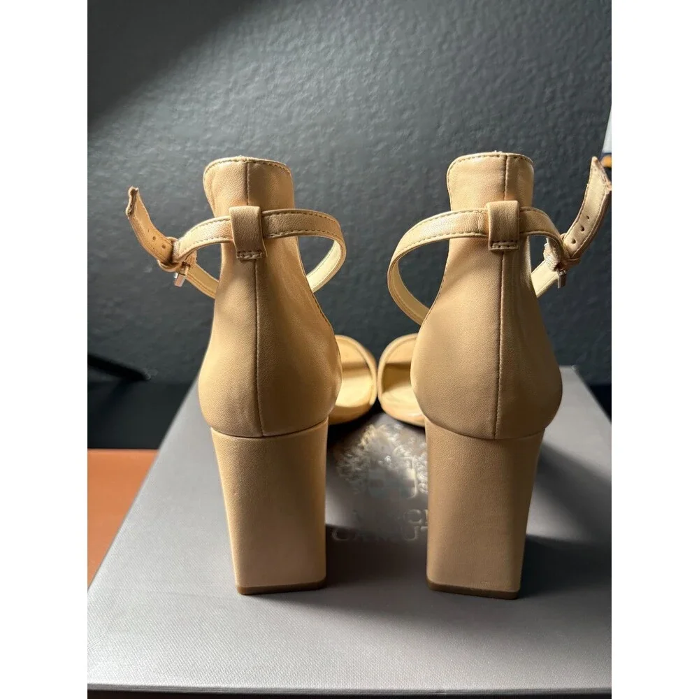 Vince Camuto Vc-Winderly Ankle Strap Block Heels Buff Baby Sheep Leather 9M